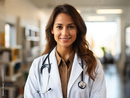 Portrait of friendly female doctor in workwear with stethoscope on neck
