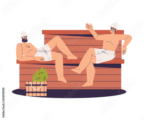 Man Bathing in Sauna Sitting and Talking Taking Steam Bath Vector Illustration