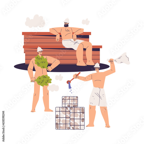 Man Bathing in Sauna with Besom and Taking Steam Bath Vector Illustration