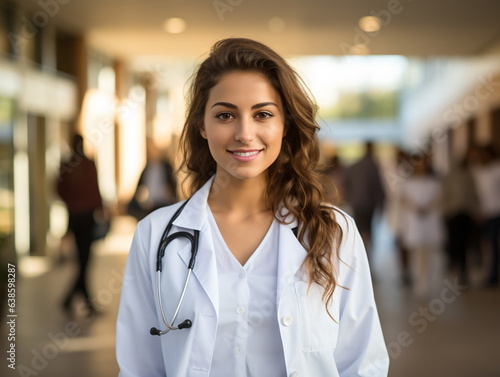 Portrait of friendly female doctor in workwear with stethoscope on neck