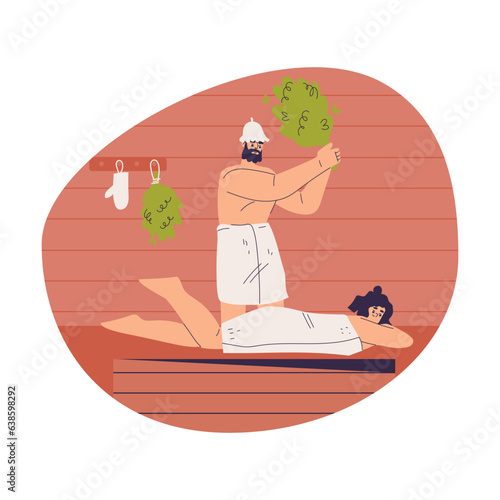 Man and Woman Bathing in Sauna with Besom and Taking Steam Bath Vector Illustration