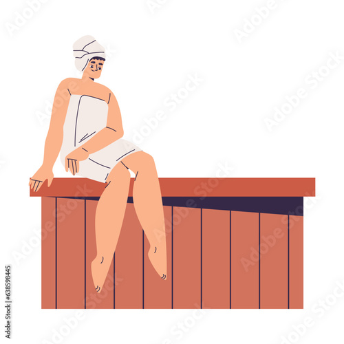 Sitting Woman Bathing in Sauna and Taking Steam Bath Vector Illustration