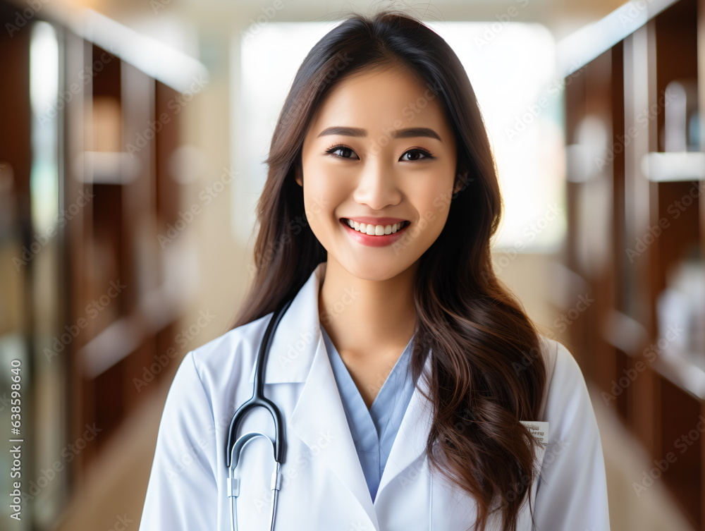 Portrait of friendly female doctor in workwear with stethoscope on neck Portrait of friendly female doctor in workwear with stethoscope on neck