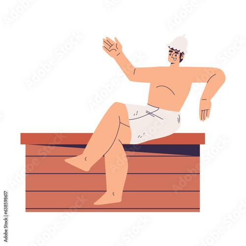 Sitting Man Bathing in Sauna and Taking Steam Bath Vector Illustration