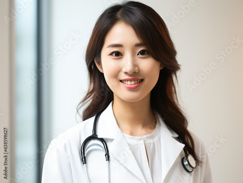 Portrait of friendly female doctor in workwear with stethoscope on neck