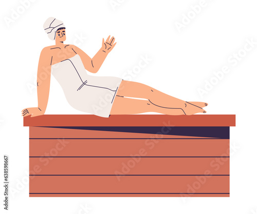 Sitting Woman Bathing in Sauna and Taking Steam Bath Vector Illustration