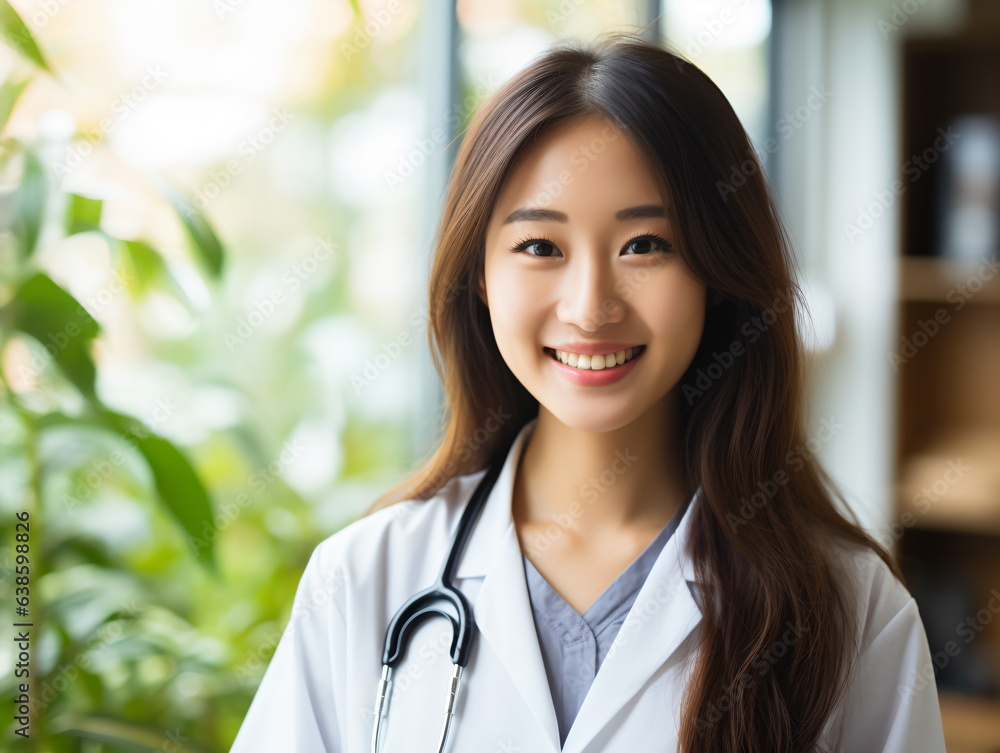 Portrait of friendly female doctor in workwear with stethoscope on neck Portrait of friendly female doctor in workwear with stethoscope on neck