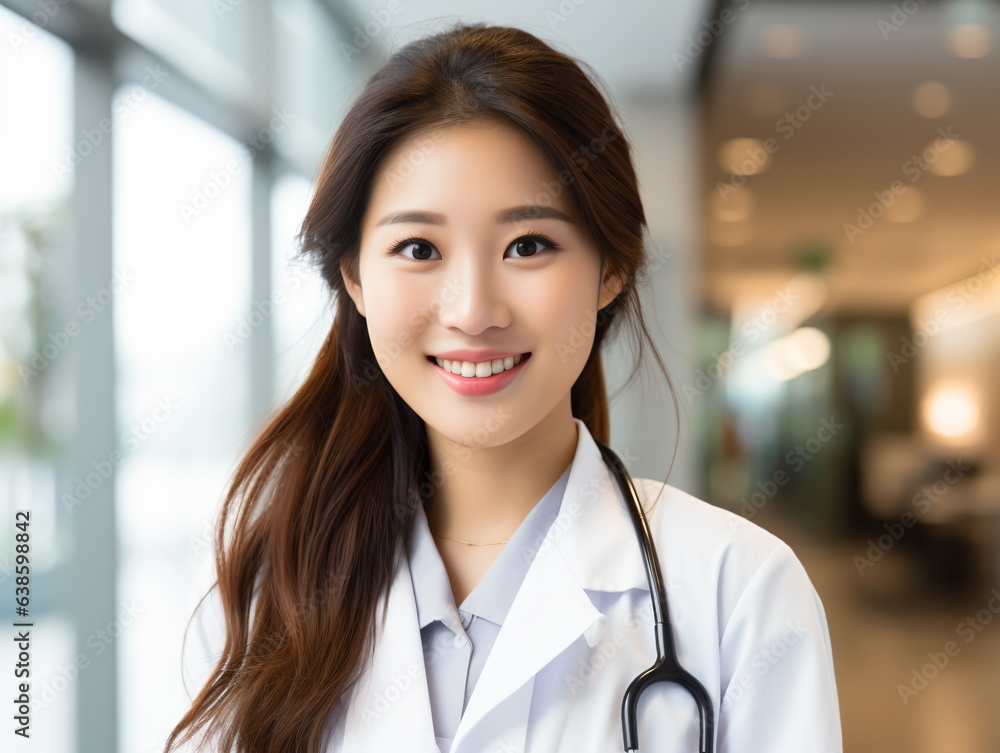 Portrait of friendly female doctor in workwear with stethoscope on neck Portrait of friendly female doctor in workwear with stethoscope on neck