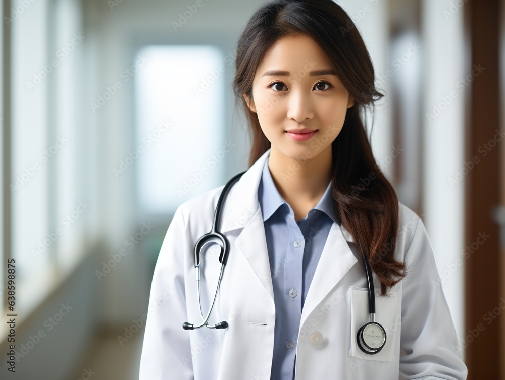 Portrait of friendly female doctor in workwear with stethoscope on neck Portrait of friendly female doctor in workwear with stethoscope on neck