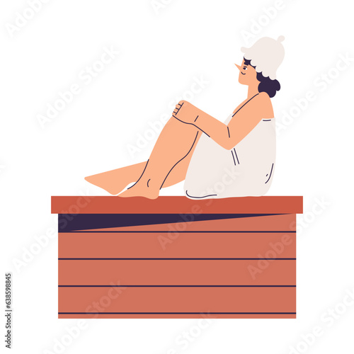 Sitting Woman Bathing in Sauna and Taking Steam Bath Vector Illustration