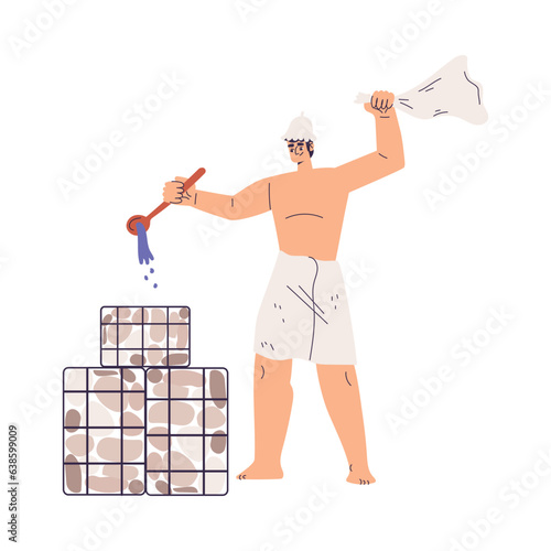 Man Bathing in Sauna and Taking Steam Bath Pouring Water to Hot Stone Vector Illustration