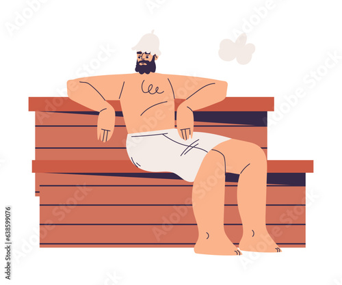Bearded Man Bathing in Sauna and Taking Steam Bath Vector Illustration