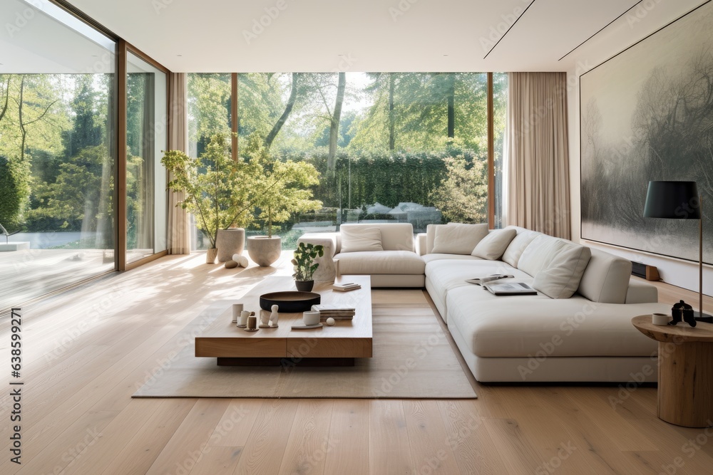 Fototapeta premium modern living room, large windows, hardwood flooring, white decor and floor Generative AI