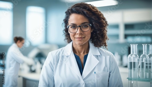 Medical science laboratory with team of specialists and young woman scientist wearing white coat and glasses copyspace
