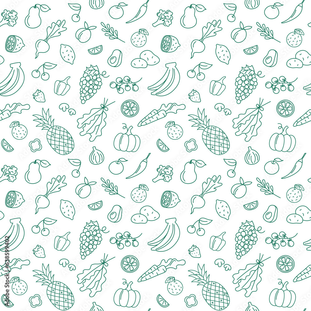 Fruits and vegetables seamless pattern. Doodle Food elements vector background. Hand drawn outline illustration of pineapple, bananas, grape, pumpkin and berries