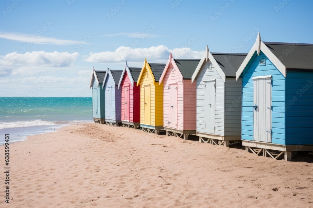 Fototapeta premium A row of traditional pastel coloured beach huts. Generative AI