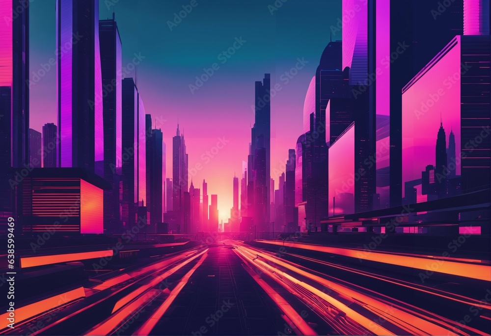 Cyberpunk cityscape with sunset - beautiful, glitchy animation style, wallpaper/background