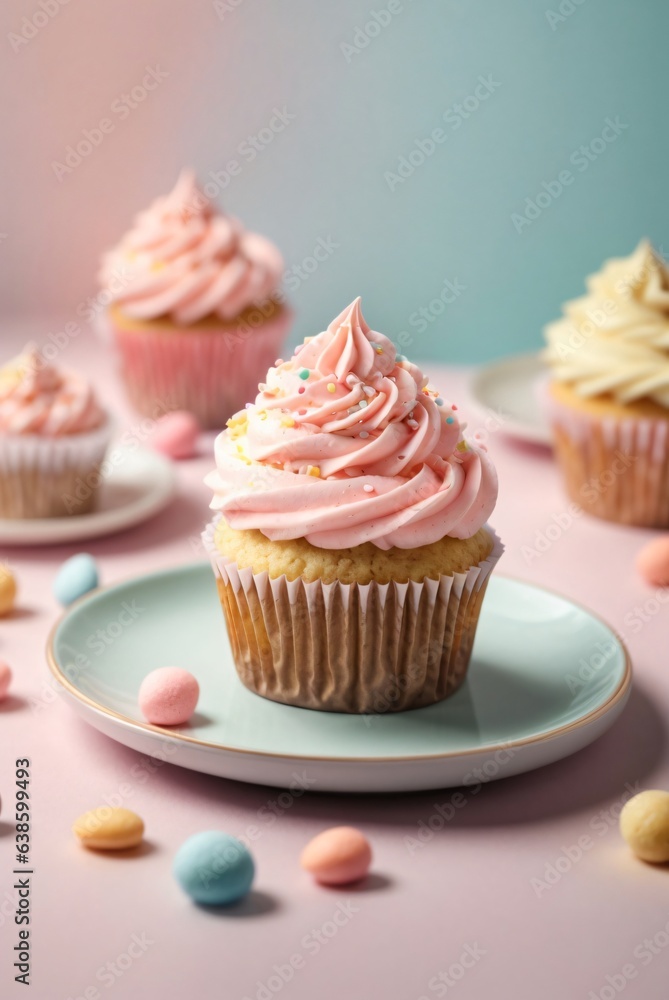 Delicious cupcakes on table on soft pastel background