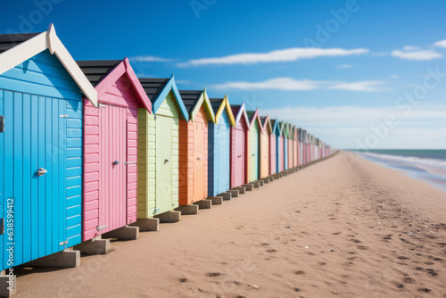 A row of traditional pastel coloured beach huts. Generative AI © bluebeat76