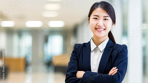 Portrait of young beautiful and successful Asian business woman  female employee smiling and looking at camera with crossed arms.  