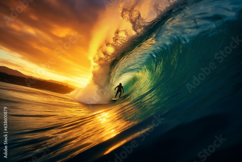 Surfer in action at sunset on the ocean wave. © soysuwan123