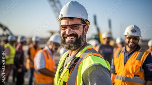 Happy of team construction worker working at construction site. Teamwork and unity concept. Man smiling with workers in white construction industry.