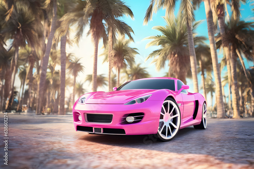 pink sport car  the background of the beach with palm trees © Ocharonata