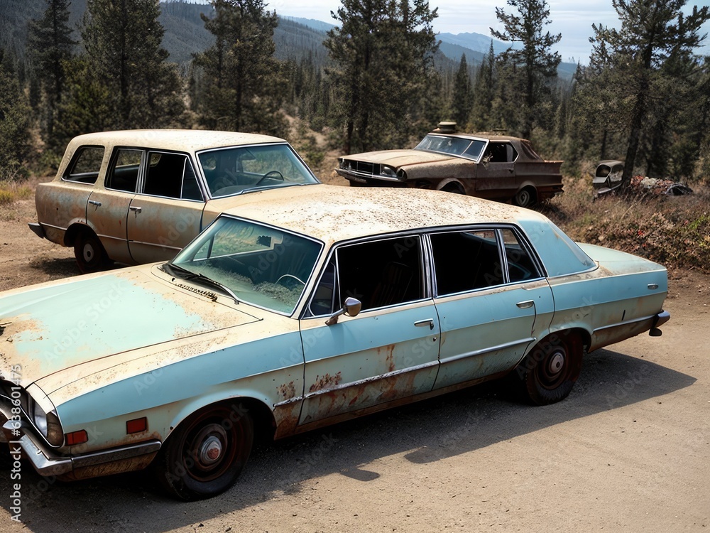 An old car in a post-apocalypse world. Generative AI An old car in a post-apocalypse world. Generative AI