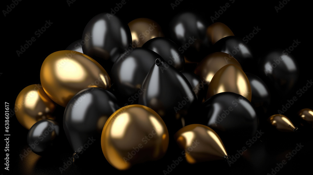 Celebration, festival background with helium balloons. Greeting banner or poster with gold and black flying balloons. Celebrate a birthday poster. Happy anniversary card. Black Friday Sale. Celebration, festival background with helium balloons. Greeting banner or poster with gold and black flying balloons. Celebrate a birthday poster. Happy anniversary card. Black Friday Sale.