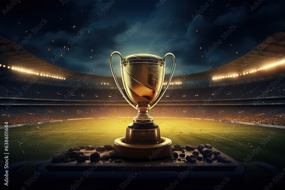 Large cup and soccer ball, a football trophy on the stadium