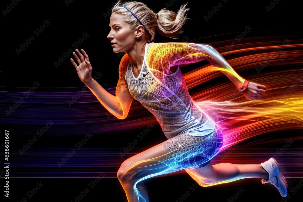 Sporty woman in a running suit with colorful trail behind. Generative AI