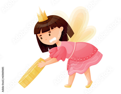 Cute child character Tooth Fairy with wings pulling a huge golden coin. Cartoon vector isolated girl princess in golden crown.