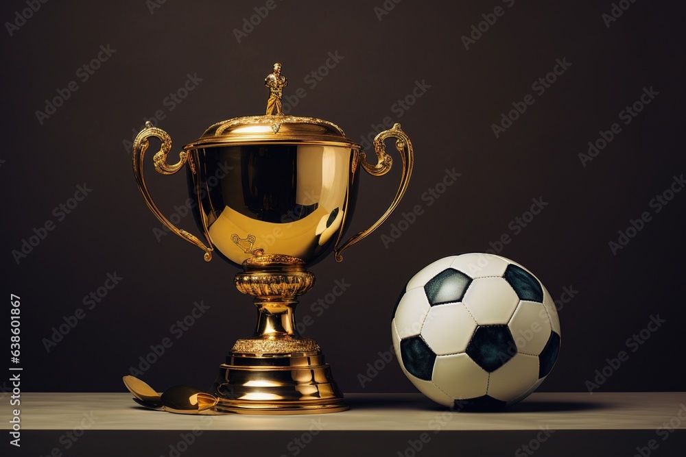 Large cup and soccer ball, a football trophy on the stadium Large cup and soccer ball, a football trophy on the stadium