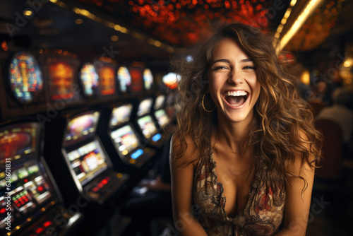 A woman celebrating her good luck in the casino winning the jackpot at the slot machines.
