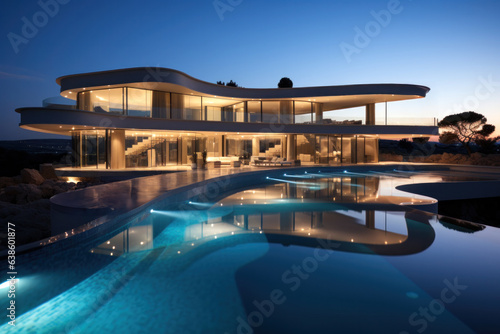 A modern mansion with an infinite pool illuminated at night © Jose Luis Stephens