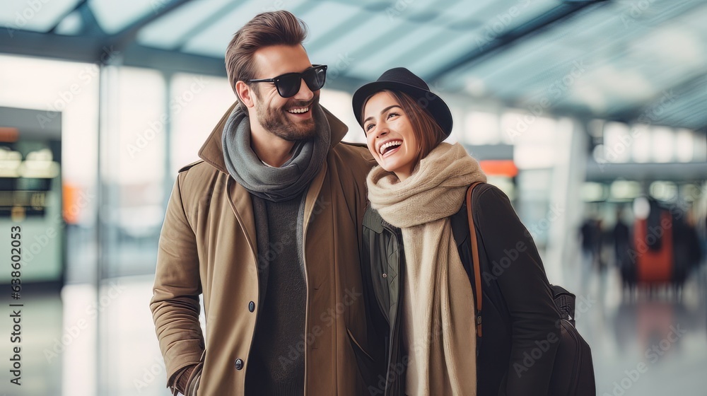 Portrait of elegant happy couple man and woman standing together on the territory of the airport AI