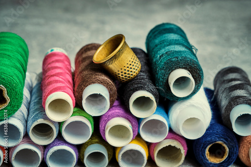Thimble and set multicolored threads for cutting and sewing. photo