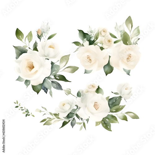 Watercolor white roses. eucalyptus and green leaves