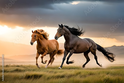 Photographie horses running front of at sunset