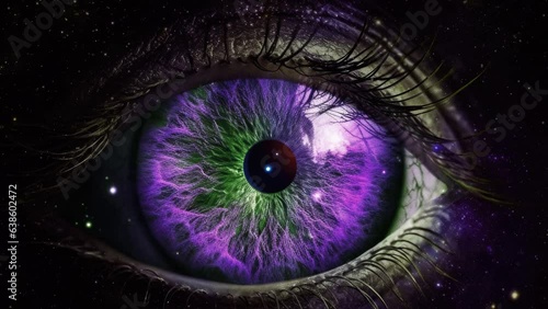 A pink toned 4K animation of a cosmic eye floating and moving.