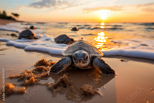 Beach with hatching sea turtles 