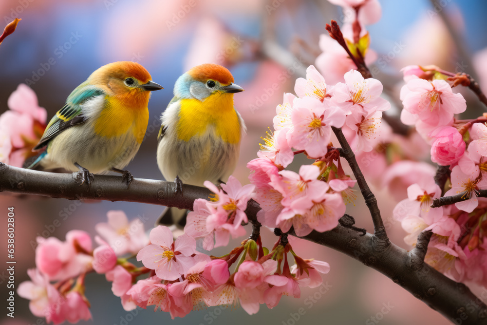 Colorful birds on cherry tree Colorful birds on cherry tree