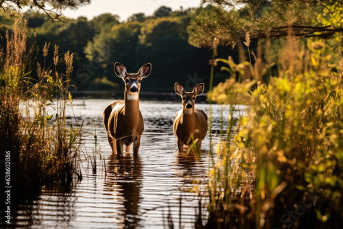 Deer at calm pond's edge 