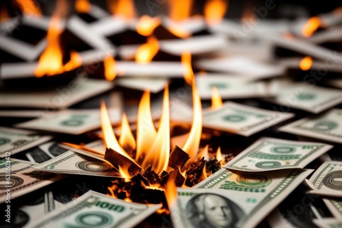burning paper Money in fire falls on business table. The concept of bankruptcy, depreciation, devaluation, wastefulness and waste of money
