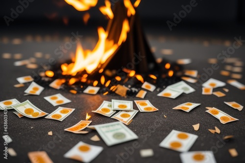 burning paper Money in fire falls on business table. The concept of bankruptcy, depreciation, devaluation, wastefulness and waste of money