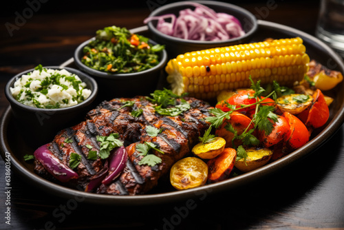 Grilled food with colorful sides 