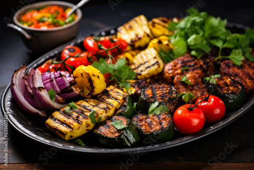 Grilled food with colorful sides 
