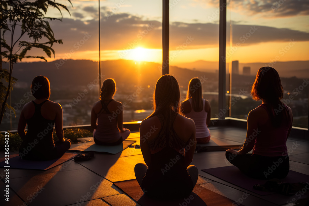 Rooftop yoga class at sunset 