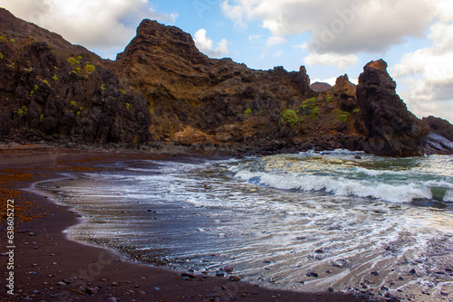 Black Volcanic Sands and Rocky Formations, Roque Bermejo Beach, Tenerife, Spain