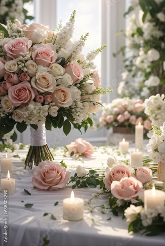 closeup shot of a bridal bouquet on a white sheet with white, pink and green colors